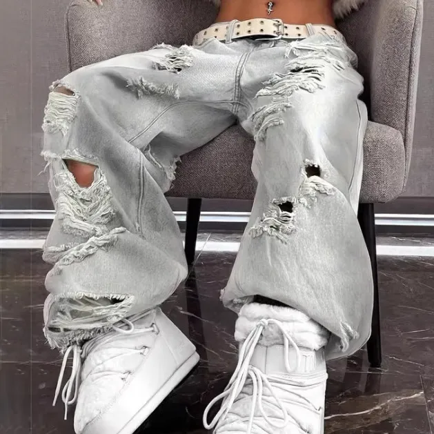 Women Fashion Casual Spring And Summer Ripped Loose Straight Jeans