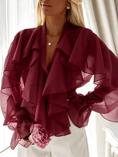 Women Fashion Casual Solid Color Chiffon Ruffled Trumpet Cuff Long Sleeve Blouse