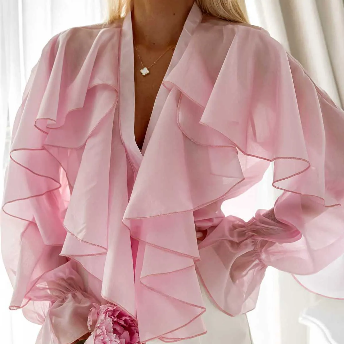 Women Fashion Casual Solid Color Chiffon Ruffled Trumpet Cuff Long Sleeve Blouse