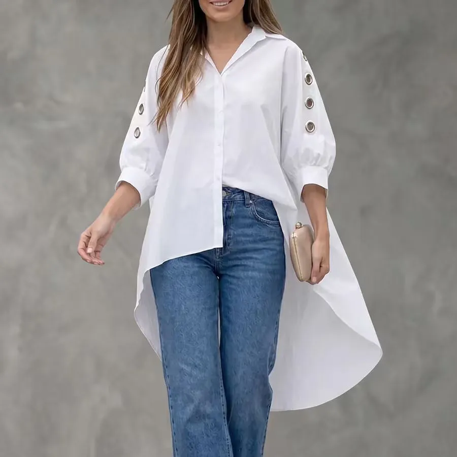 Women'S Fashion Casual Irregular Solid Color Lapel Long Sleeve Loose Blouse
