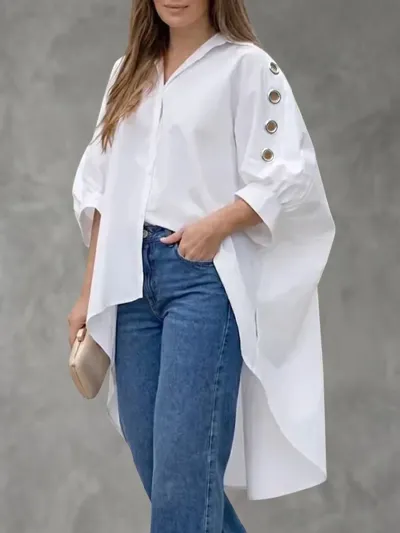 Women'S Fashion Casual Irregular Solid Color Lapel Long Sleeve Loose Blouse