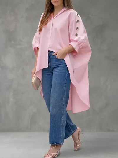 Women'S Fashion Casual Irregular Solid Color Lapel Long Sleeve Loose Blouse