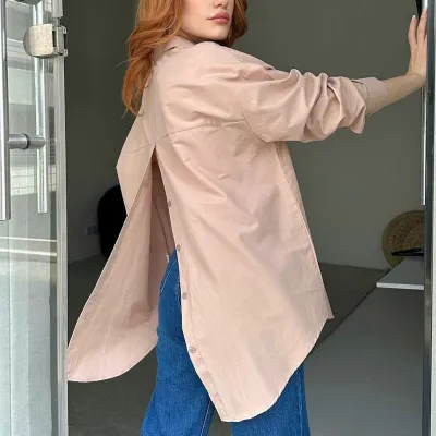 Women Fashion Casual Simple Solid Color Lapel Long Sleeve Loose Split Blouse