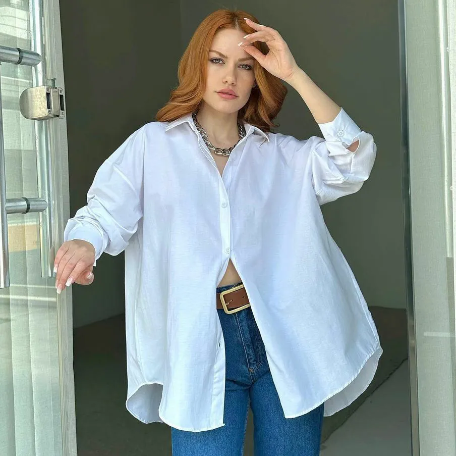 Women Fashion Casual Simple Solid Color Lapel Long Sleeve Loose Split Blouse