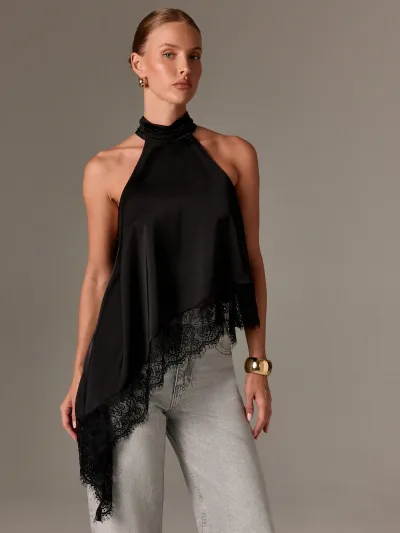 Women Fashion Sexy Solid Color Lace Irregular Hem Sleeveless Backless Tank Top