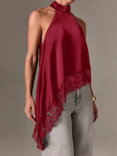 Women Fashion Sexy Solid Color Lace Irregular Hem Sleeveless Backless Tank Top