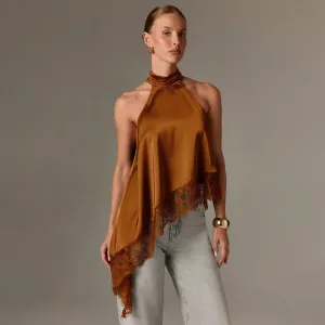 Women Fashion Sexy Solid Color Lace Irregular Hem Sleeveless Backless Tank Top