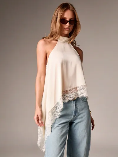 Women Fashion Sexy Solid Color Lace Irregular Hem Sleeveless Backless Tank Top