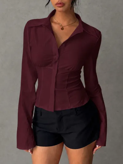 Women Fashion Casual Simple Solid Color Lapel Long-Sleeve Tight Waist Slim-Fit Pleated Blouse