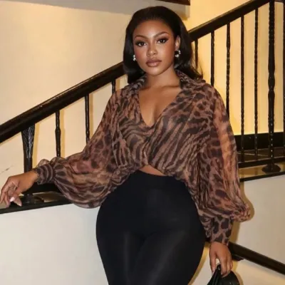 Women Fashion Sexy Summer Leopard V-Neck Light Loose Long-Sleeve Blouse