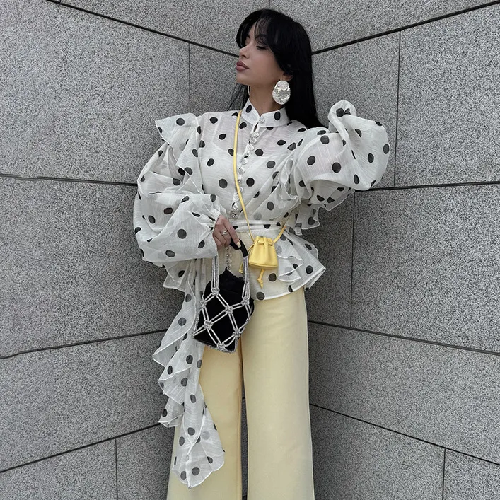 Women Fashion Casual Autumn Polka Dot Print Ruffled Strap Long-Sleeve Vertical Collar Blouse