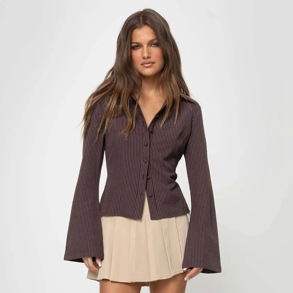 Women Fashion Casual Stripe Lapel Trumpet Long-Sleeve Slim-Fit Blouse