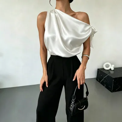 Women Fashion Elegant Solid Color Satin Asymmetrical Shoulder Blouse
