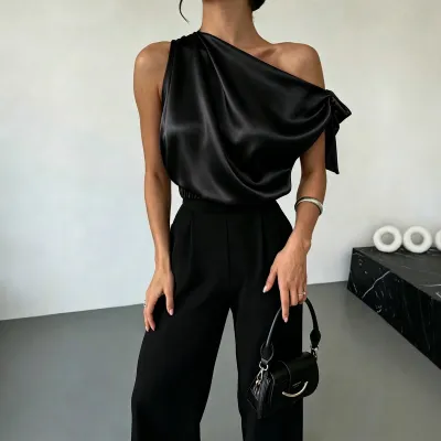 Women Fashion Elegant Solid Color Satin Asymmetrical Shoulder Blouse