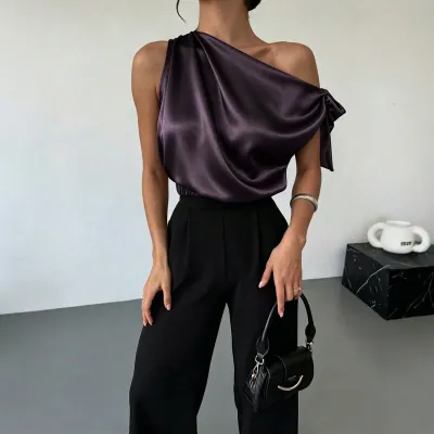 Women Fashion Elegant Solid Color Satin Asymmetrical Shoulder Blouse