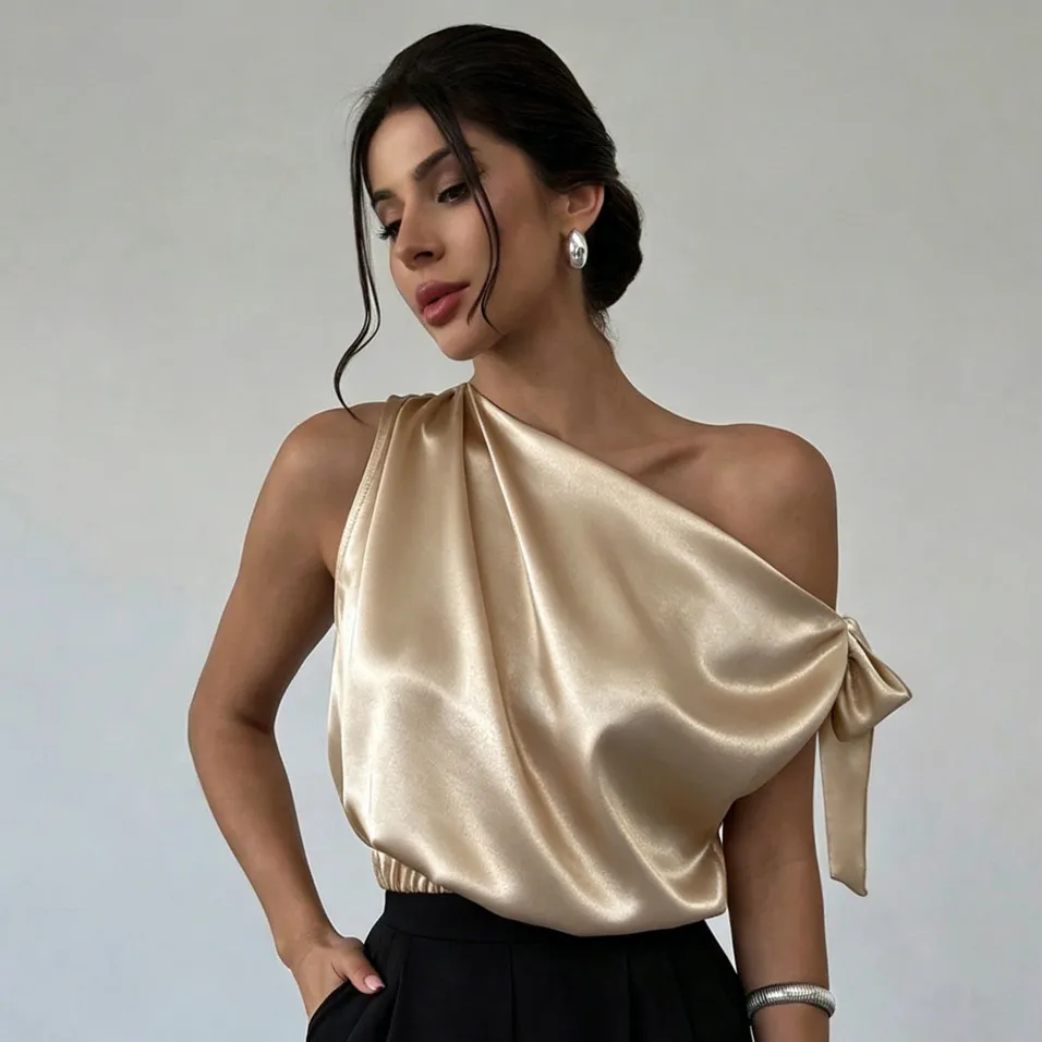 Women Fashion Elegant Solid Color Satin Asymmetrical Shoulder Blouse