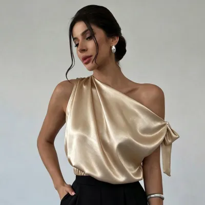 Women Fashion Elegant Solid Color Satin Asymmetrical Shoulder Blouse