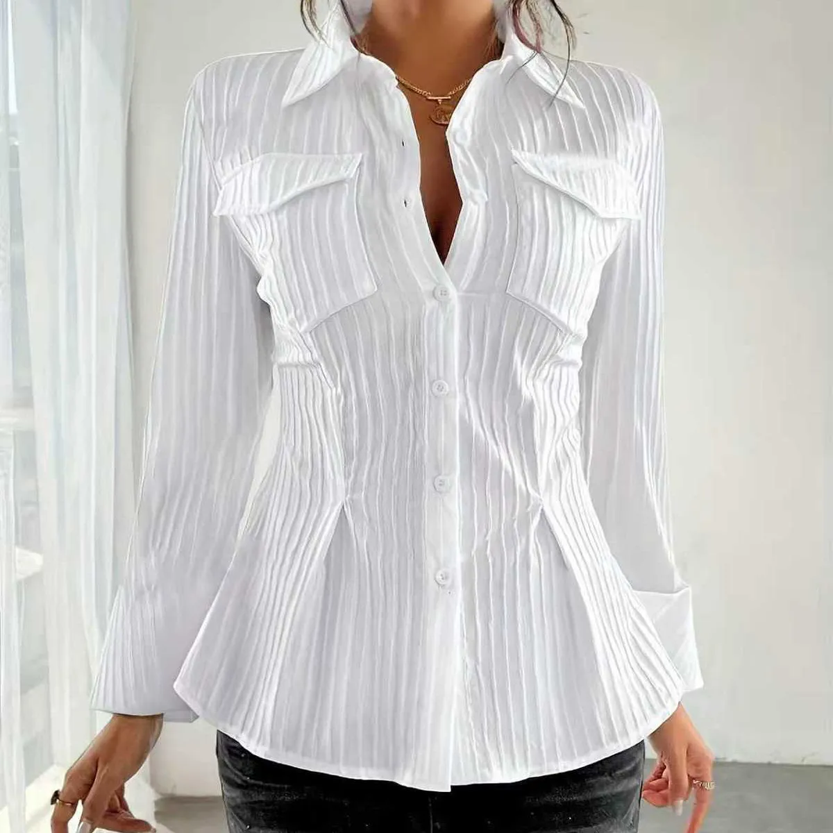 Women Fashion Casual Autumn Soldi Color Lapel Long-Sleeve Pocket Blouse