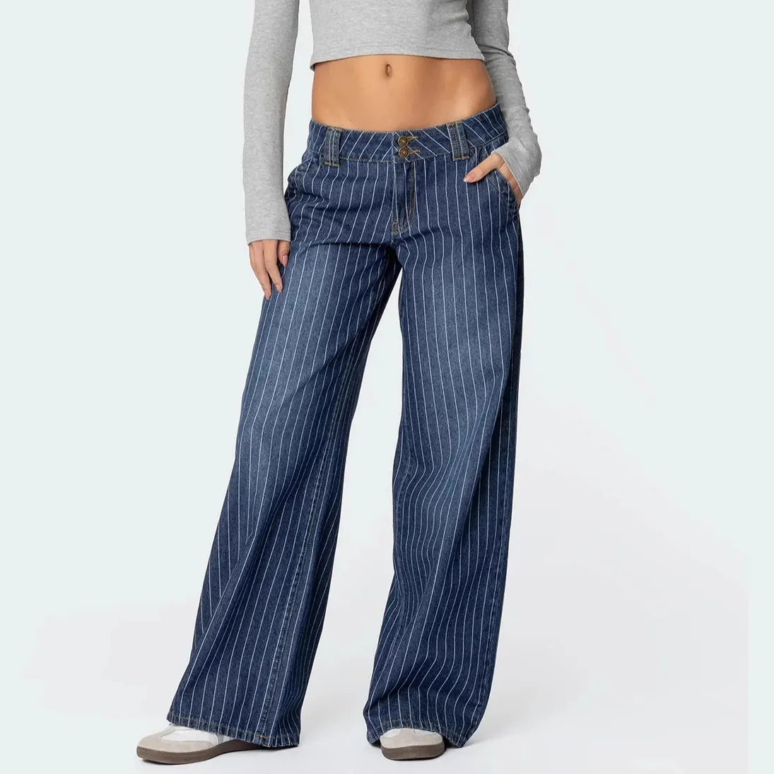 Women'S Fashion Low Waist Stripe Loose Wide Leg Jeans