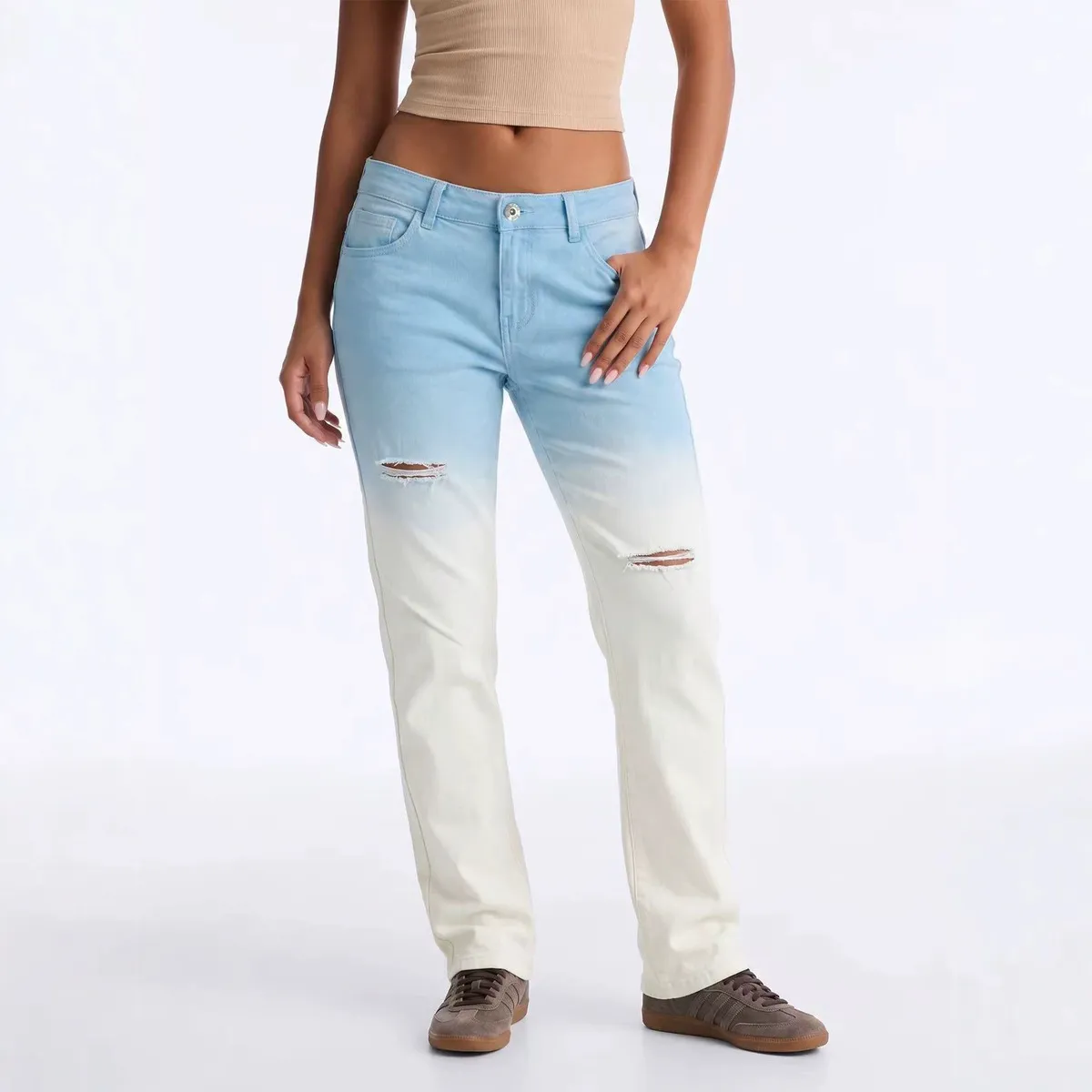 Women Fashion Gradient Ripped Straight Jeans