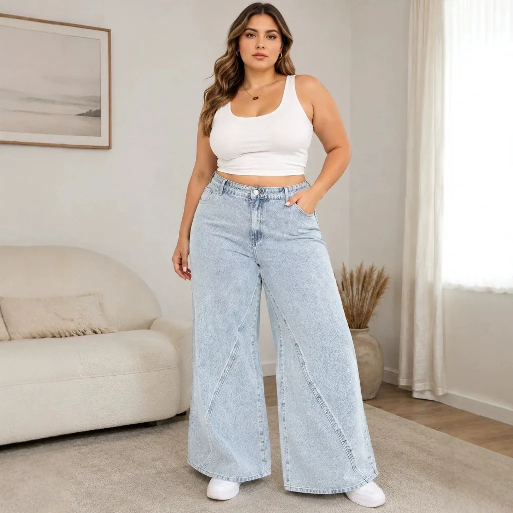 Women Plus Size Fashionable Washed Wide-Leg Jeans