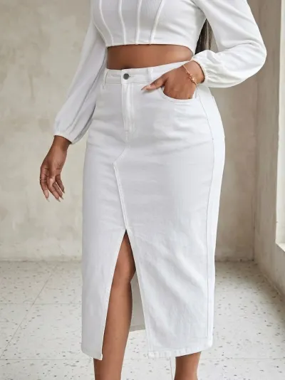 Women Plus Size Fashion High Waist Split Front Denim Skirt