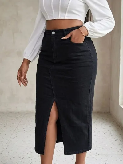 Women Plus Size Fashion High Waist Split Front Denim Skirt