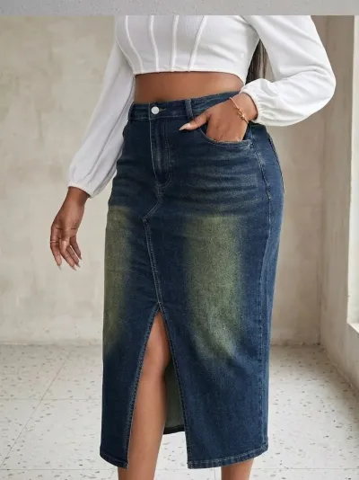 Women Plus Size Fashion High Waist Split Front Denim Skirt