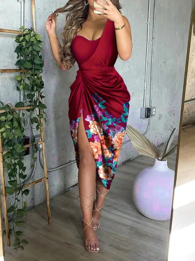 Women Fashion Sexy Sequins Stitching Pleated One-Shoulder Split Evening Dress