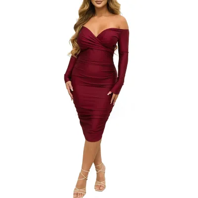 Women'S Fashion Sexy Elegant Solid Color Off-Shoulder Long Sleeve Pleated Slim-Fit Dress