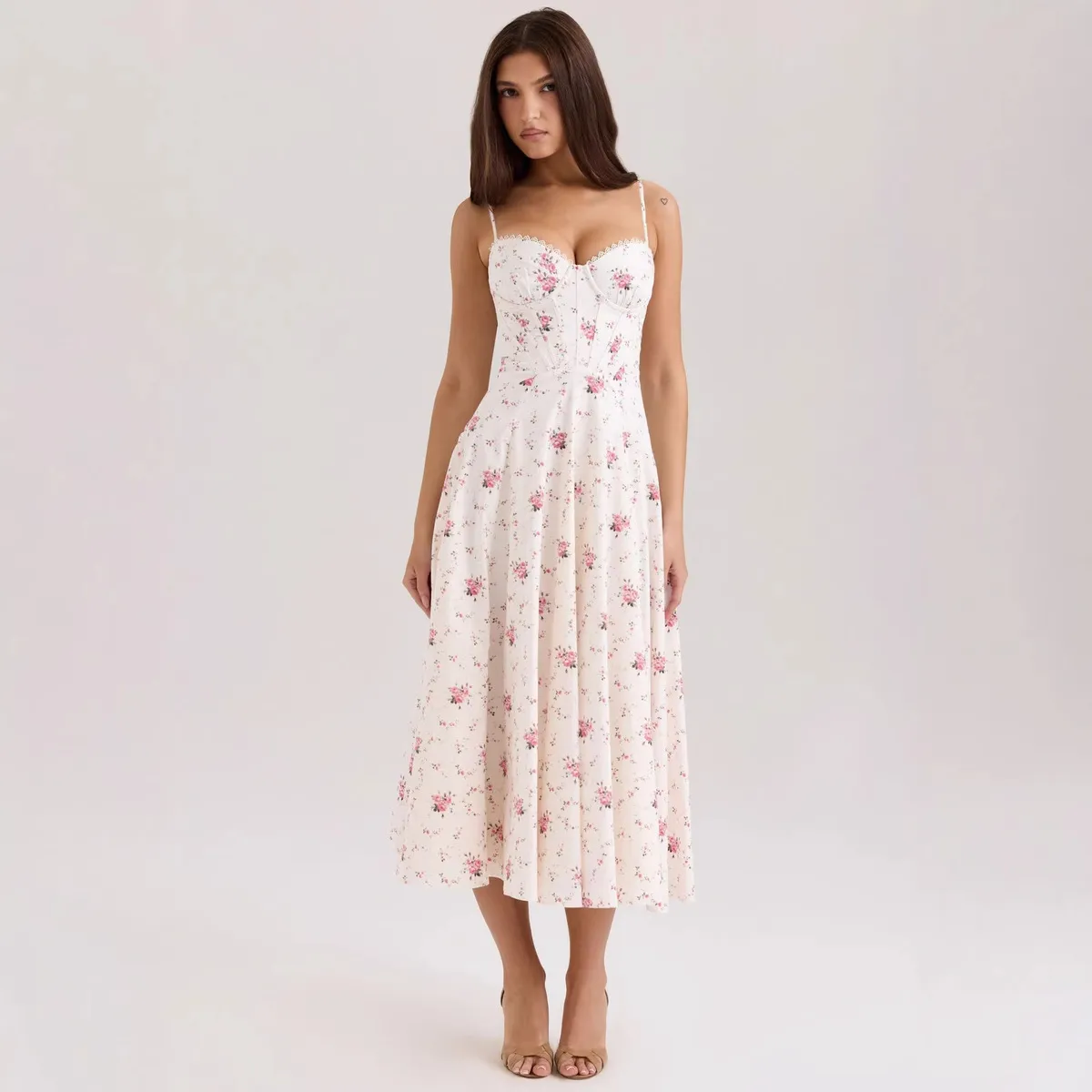 Women Fashion Elegant Flower Printed Spaghetti Strap A-Line Dress