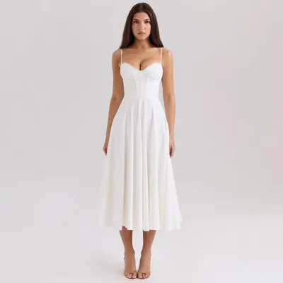 Women Fashion Elegant Flower Printed Spaghetti Strap A-Line Dress