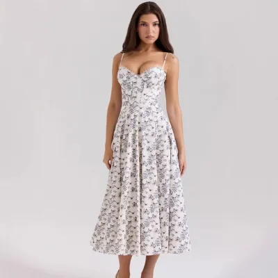 Women Fashion Elegant Flower Printed Spaghetti Strap A-Line Dress