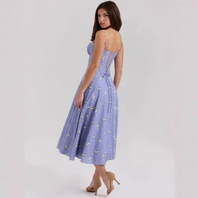 Women Fashion Elegant Flower Printed Spaghetti Strap A-Line Dress