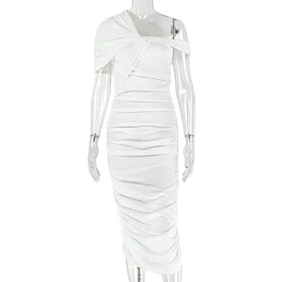 Women'S Fashion Sexy Elegant Solid Color Tight Slant Collar Sleeveless Pleated Dress