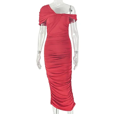 Women'S Fashion Sexy Elegant Solid Color Tight Slant Collar Sleeveless Pleated Dress