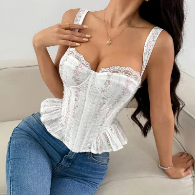 Women Fashion Tiny Flower Print Lace Lace-Up Fishbone Corsets