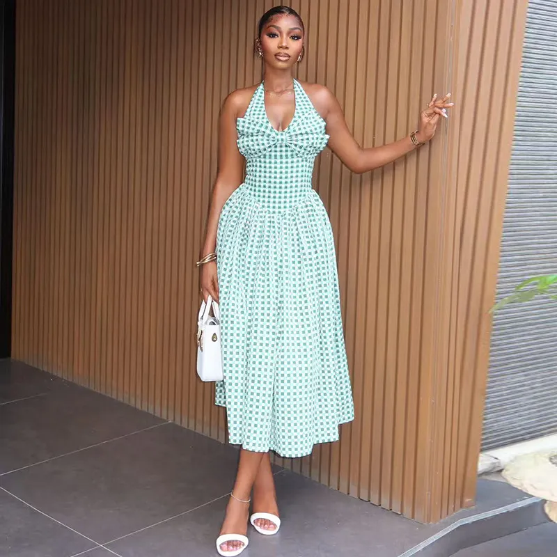 Women Fashion Elegant Colorblock Plaid Halter-Neck V-Neck Sleeveless A- Line Dress