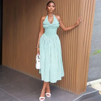 Women Fashion Elegant Colorblock Plaid Halter-Neck V-Neck Sleeveless A- Line Dress