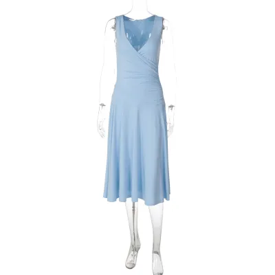 Women Fashion Sexy Solid Color V-Neck Sleeveless Stitching Double-Layer Pleated A- Line Dress