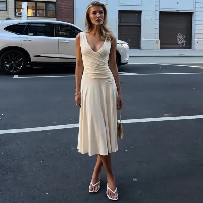 Women Fashion Sexy Solid Color V-Neck Sleeveless Stitching Double-Layer Pleated A- Line Dress