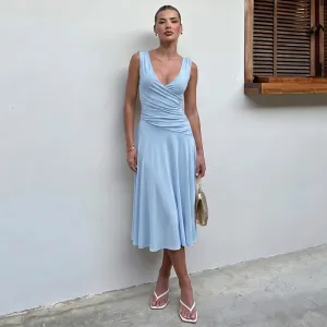 Women Fashion Sexy Solid Color V-Neck Sleeveless Stitching Double-Layer Pleated A- Line Dress