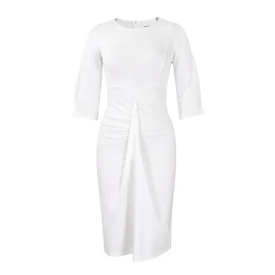Women'S Fashion Elegant Solid Color Pleated Long-Sleeve Tight-Waist Slim-Fit Dress