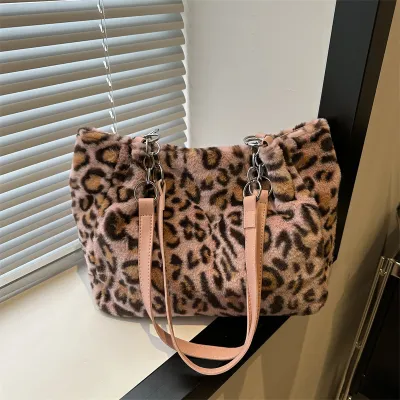 Women Fashion Casual Autumn Winter Leopard Plush Large Capacity Shoulder Bag