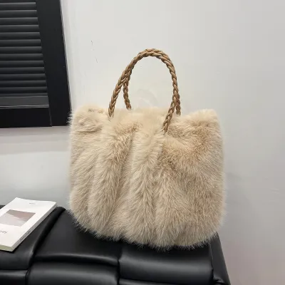 Women Fashion Winter Solid Color Portable Large Capacity Plush Shoulder Bag