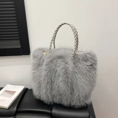 Women Fashion Winter Solid Color Portable Large Capacity Plush Shoulder Bag