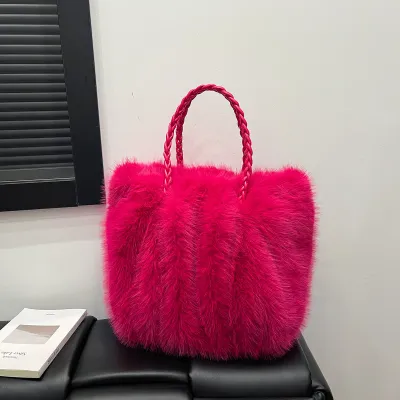 Women Fashion Winter Solid Color Portable Large Capacity Plush Shoulder Bag