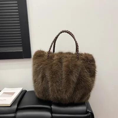 Women Fashion Winter Solid Color Portable Large Capacity Plush Shoulder Bag