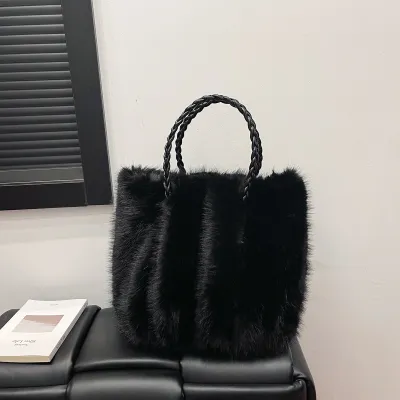 Women Fashion Winter Solid Color Portable Large Capacity Plush Shoulder Bag