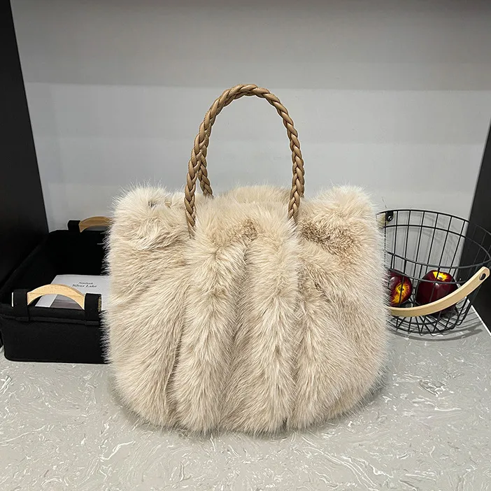 Women Fashion Winter Solid Color Portable Large Capacity Plush Shoulder Bag